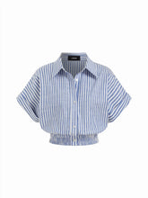 Cotton-blend Stripes Collar Batwing Sleeve Shirred Crop Blouse