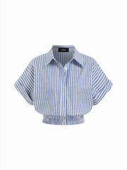 Cotton-blend Stripes Collar Batwing Sleeve Shirred Crop Blouse