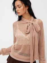 Knit High Neck Hollow Out Knotted Long Sleeve Top
