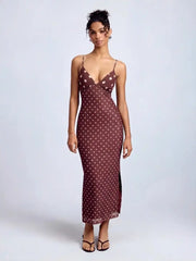 Polka Dot V-neck Slim Split Bodycon Maxi Dress