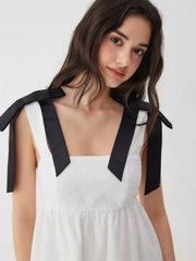Cotton Square Neck Bowknot Lace Trim A-line Mini Dress