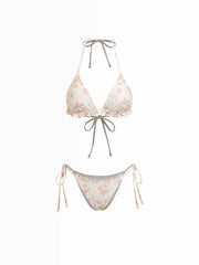 Floral Ruffle Trim Triangle Halter Bikini Set