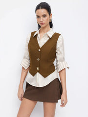V-neck Metal Button Belted Asymmetrical Hem Blazer Vest