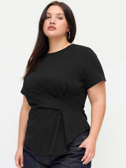 Cotton-blend Round Neckline Ruched Asymmetrical Hem Tee Curve & Plus