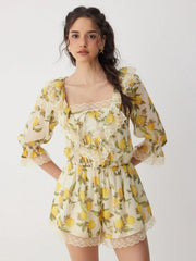 Chiffon Fruit Graphic Square Neck Lantern Sleeve Lace Romper