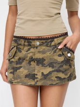 Camo Denim Low Rise Lace Panel A-line Mini Skirt