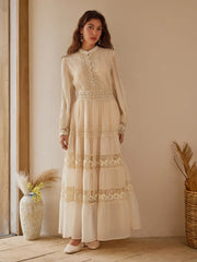 Stand Collar Embroidery Hollow Out Tie Back Knotted Lantern Sleeve Maxi Dress