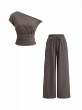 Cotton-blend Asymmetrical Neck Twist Ruched Top & Mid Rise Drawstring Trousers Set