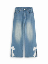 High Stretch Denim Mid Rise Lace Bowknot Wide Leg Jeans