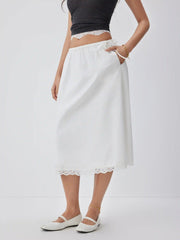 Cotton-blend Mid Rise Lace Trim A-line Maxi Skirt