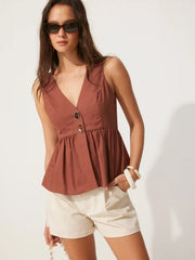 Linen-blend V-neck Ruched Peplum Metal Detail Blazer Vest