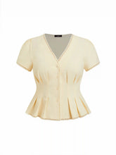 Cotton-blend V-neck Pleated Ruffle Hem Blouse Curve & Plus