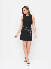 Boat Neck Contrasting Binding Knotted A-line Mini Dress