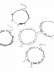 5 PCS STAR & MOON & FAUX PEARL BRACELET SET