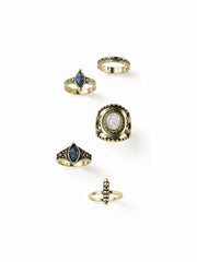 5PCS GEMSTONE DECOR ENGRAVED RING SET