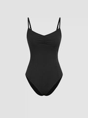 V-neck Solid Bodysuit With Long Sleeve Shrug