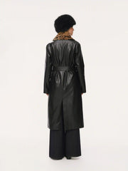Faux Leather Leopard Faux Fur Trim Double Breasted Coat With Belt