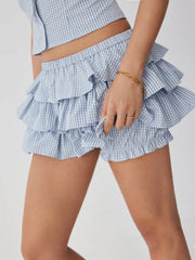 Cotton-blend Low Rise Checks Layered Ruffled Mini Skort