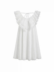 Cotton V-neck Ruffle Sleeve Lace Panel Babydoll Mini Dress