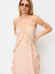 Chiffon V-neck Lace Trim Ruffled Straight Maxi Dress