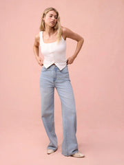 Cotton Scoop Neck Button Front Asymmetrical Hem Crop Top
