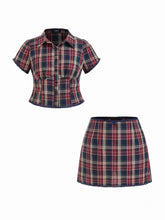 Cotton Plaid Blouse & Lace Trim Bowknot Mini Skirt Set Curve & Plus