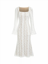 Floral Lace Square Neck Bell Sleeve Mermaid Maxi Dress