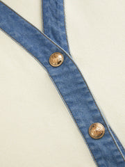 Knit V-Neck Metal Button Denim Contrasting Binding Vest Curve & Plus