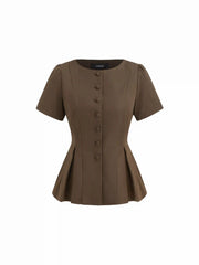 Boat Neck Pleated Button Short Sleeve Blazer