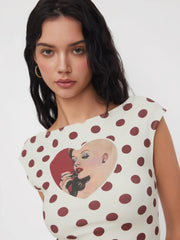 Cotton-blend Boat Neck Polka Dot Heart Figure Graphic Backless Tee