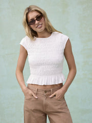 Cotton-blend Shirred Ruffle Hem Cropped Tee