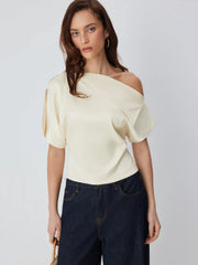 Satin Asymmetrical Neckline Metal Detail Blouse