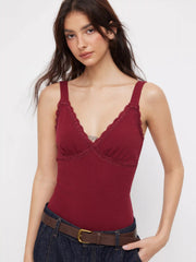 Cotton-blend V-Neck Lace Ruched Bodysuit