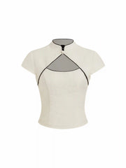 Linen-blend Stand Collar Short Sleeve Cut Out Contrasting Binding Blouse