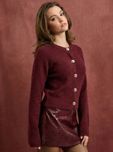 Knit Round Neckline Long Sleeve Metal Button Cardigan