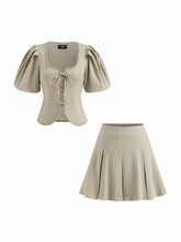 Cotton-blend U-neckline Stripe Tie Front Bow Lantern Sleeve Top & Mid Rise Pleated Mini Skirt Set