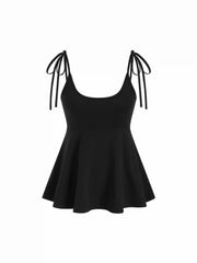 Cotton-blend Square Neck Babydoll Tie-Shoulder Flared Crop Top