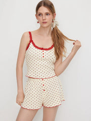 Cotton-blend U-neckline Polka Dot Lace Trim Cami Top & Mid Rise Shorts Loungewear Set