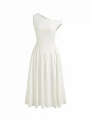 Asymmetrical Neck Pleated Ruffle Maxi Dress