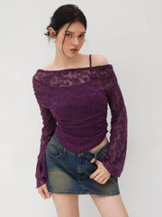Lace Asymmetrical Neck Floral Curved Hem Long Sleeve Top