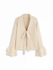 Wool-blend V-neck Ruffle Sleeve Bowknot Oversized Cardigan
