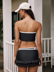 Number 23 Graphic Contrast Binding Bowknot Bandeau Bikini Set With Ruffle Skirt