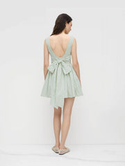 Boat Neck Stripe Backless Knotted Pocket Ruffle Mini Dress