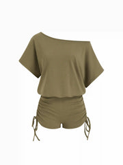 Asymmetrical Neck Drawstring Ruched Tie Back Romper