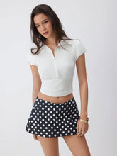 Cotton-blend Polo Neck Puff Sleeve Drawstring Top