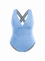 Shaping V-neck Floral Texture Criss Cross One Piece Swimsuit Curve & Plus