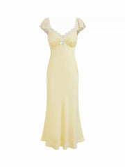 Satin Sweetheart Ruffle sleeve Lace Panel Bowknot Ruched Mermaid Maxi Dress