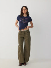 Cotton-blend Heart & Dog Graphic Embroidery Short Sleeve Top