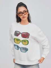 Terry Round Neckline Glasses Graphic Oversized Sweatshirt