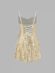 Sequin V-neck Solid Lace Up Mini Dress